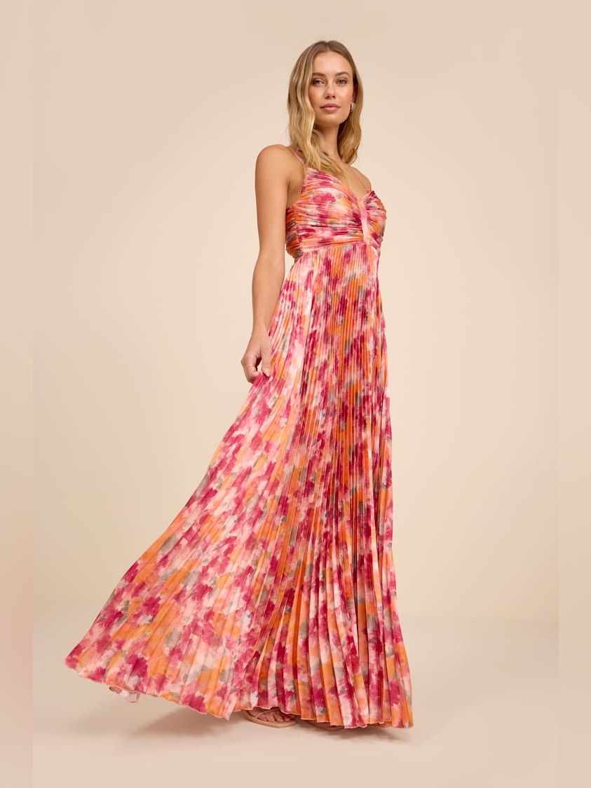 Nwt Lulus Dreaming In Color Pink Abstract V-Neck Pleated Satin Maxi Dress, Small